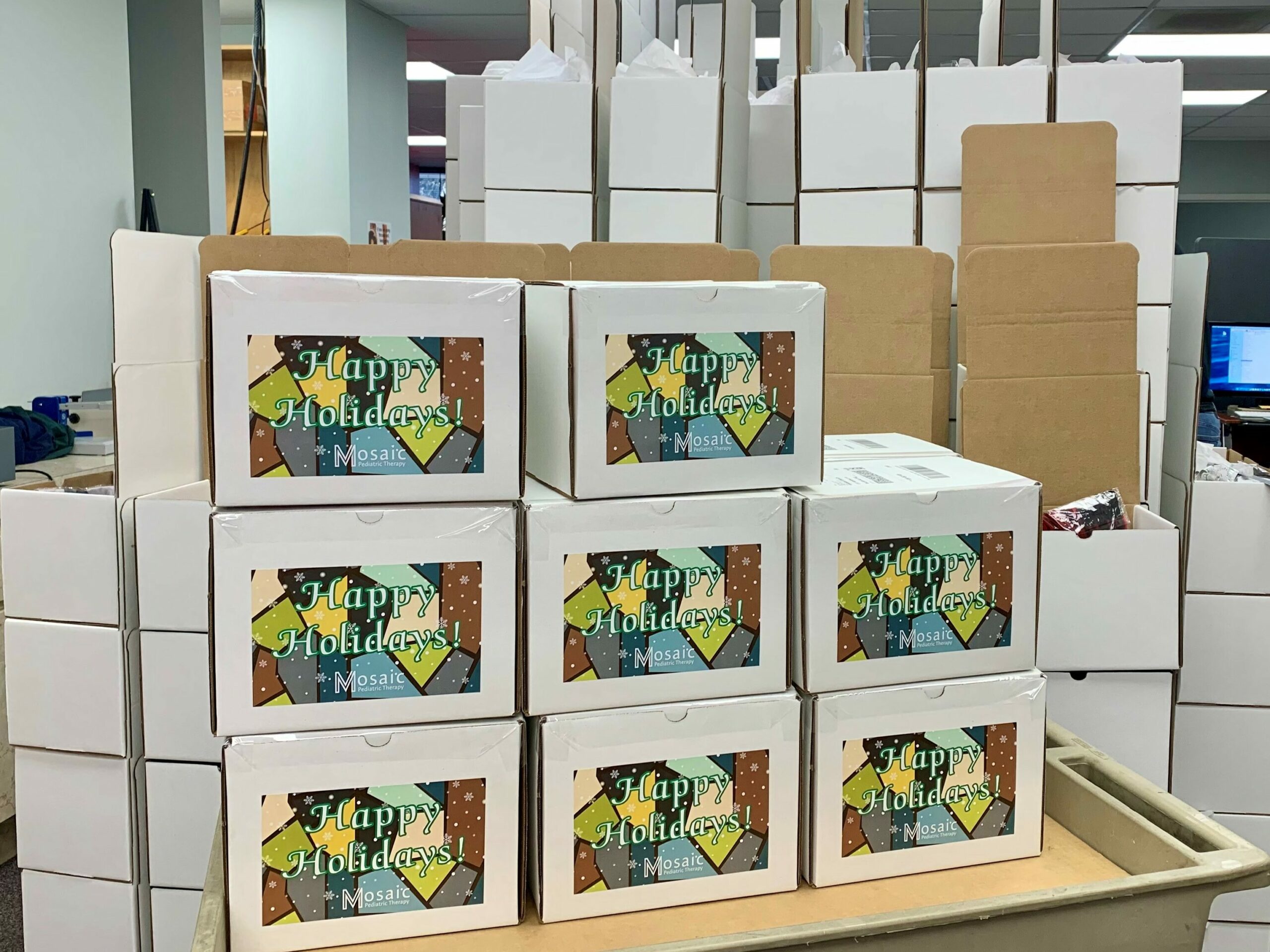 Gift boxes made for employees of Mosaic Pediatric Therapy